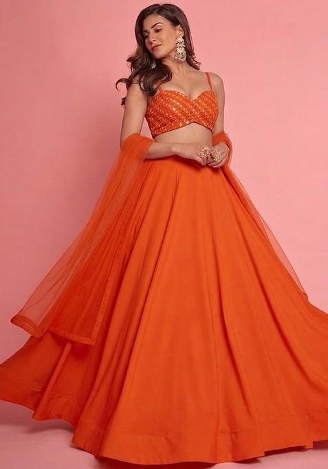 Tangerine Orange Embroidered Georgette Lehenga Set