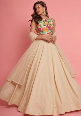 Cream Printed Silk Lehenga Set