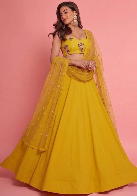 Mustard Yellow Embroidered Chanderi Lehenga Set