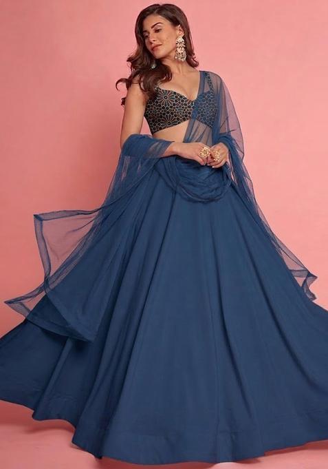 Steel Blue Printed Satin Lehenga Set