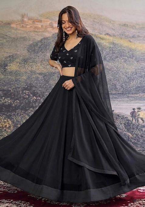 Jet Black Embroidered Chanderi Lehenga Set