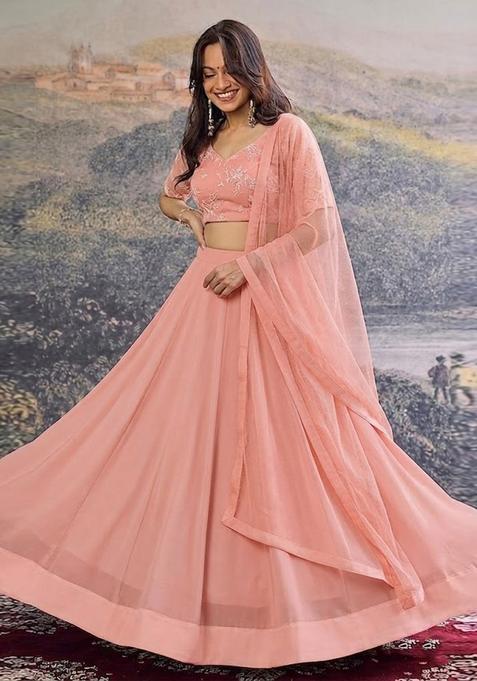 Coral Pink Embroidered Chanderi Lehenga Set