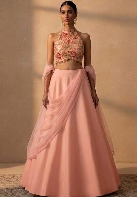 Peach Printed Silk Lehenga Set