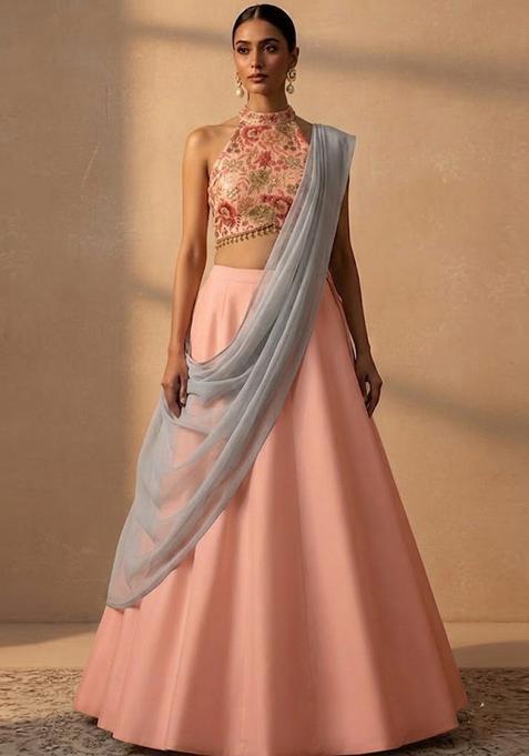 Peach Printed Silk Lehenga Set