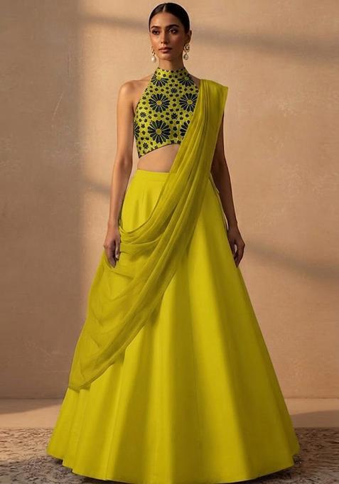 Lime Green Printed Satin Lehenga Set