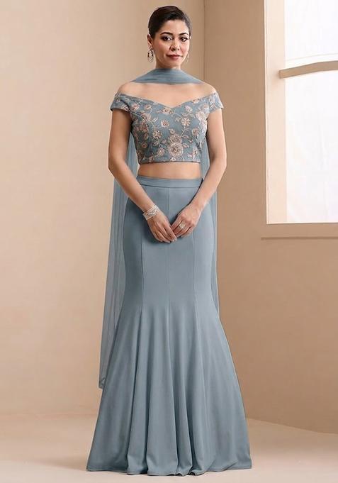 Steel Blue Embroidered Chanderi Lehenga Set