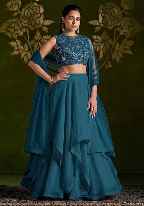 Teal Blue Mirror Viscose Lehenga Set