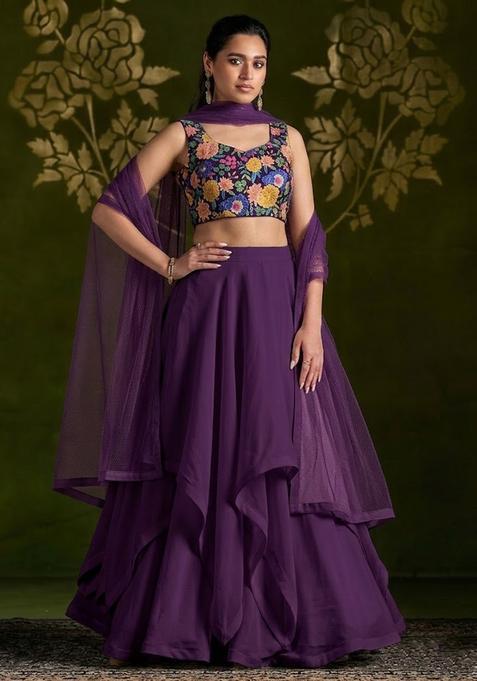 Deep Plum Printed Silk Lehenga Set