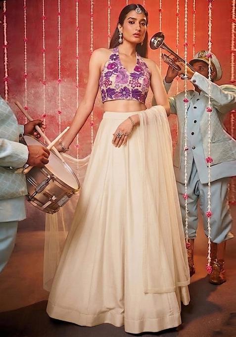 Cream Embroidered Crepe Lehenga Set