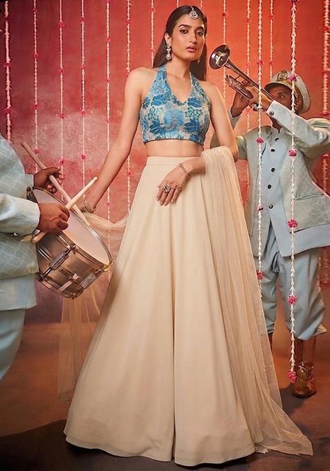 Cream Embroidered Crepe Lehenga Set