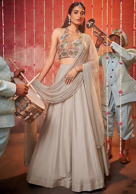 Greige Embroidered Crepe Lehenga Set