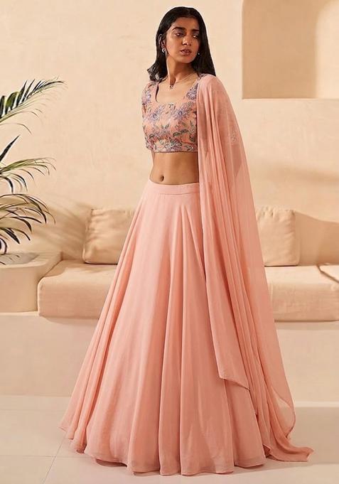 Peach Printed Organza Lehenga Set