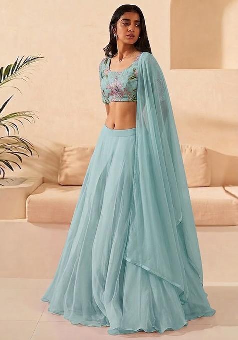 Ice Blue Printed Organza Lehenga Set
