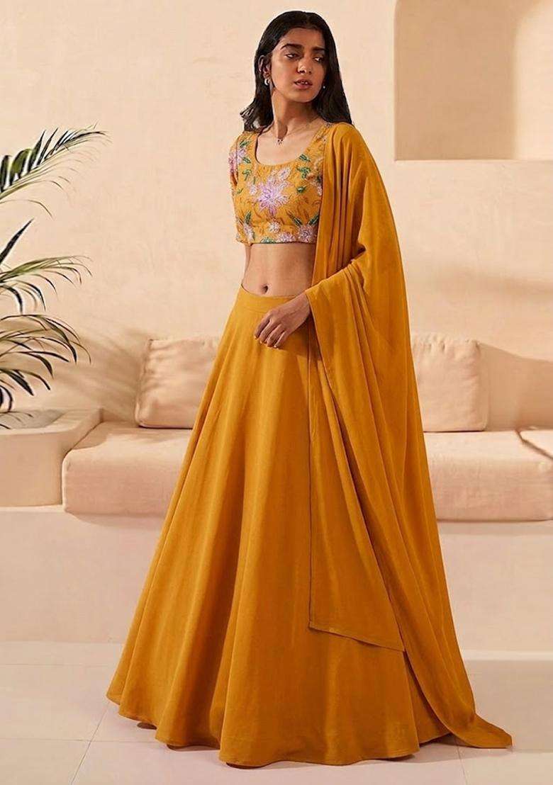 Mustard Yellow Printed Organza Lehenga Set - Indya