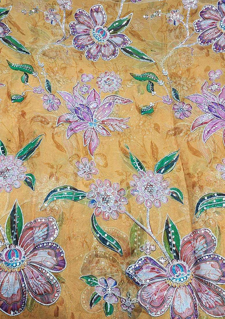 Mustard Yellow Printed Organza Lehenga Set - Indya