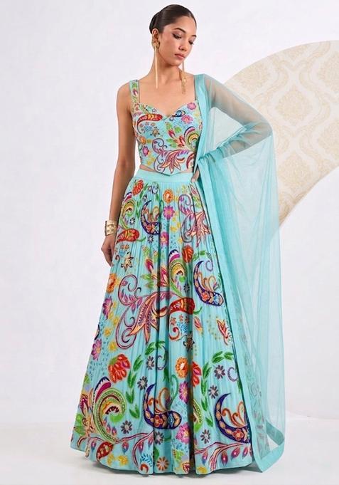 Blue Printed Crepe Lehenga Set