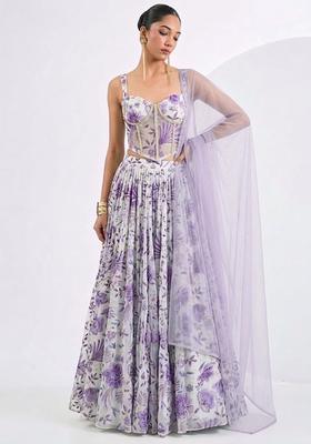 Lavender Purple Printed Organza Lehenga Set
