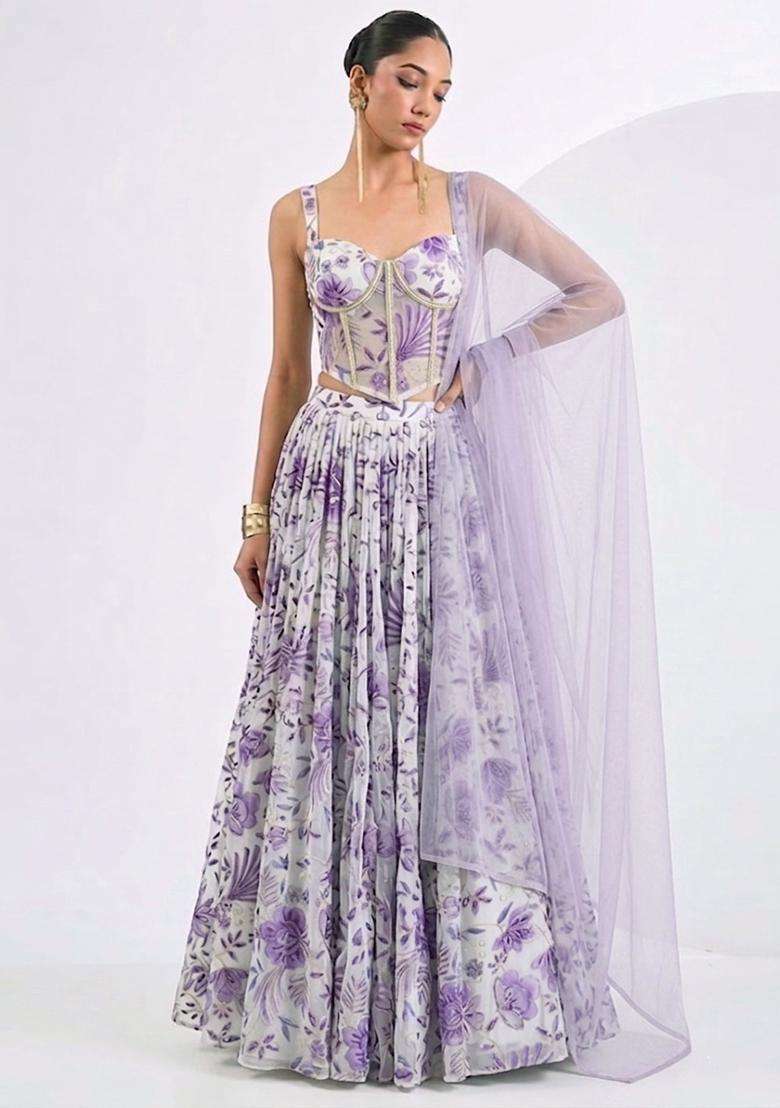 Lavender Purple Printed Organza Lehenga Set - Indya