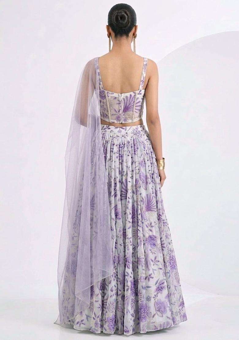 Lavender Purple Printed Organza Lehenga Set - Indya