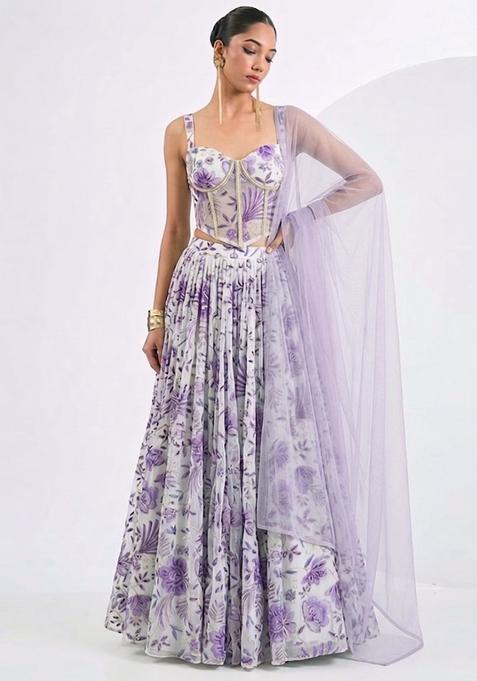 Lavender Purple Printed Organza Lehenga Set