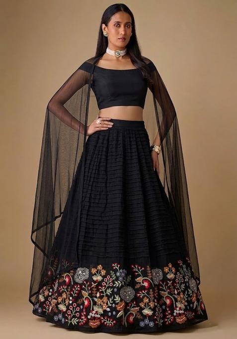 Black Embroidered Chanderi Lehenga Set