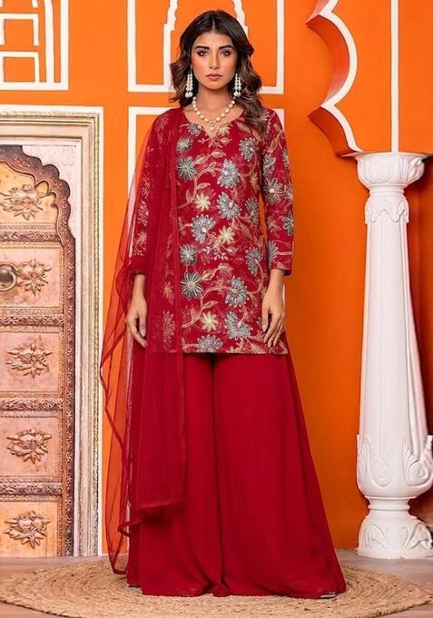 Crimson Sequin Organza Sharara Set