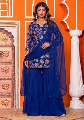 Royal Blue Sequin Organza Sharara Set