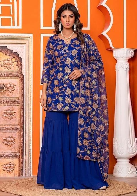 Royal Blue Sequin Organza Sharara Set