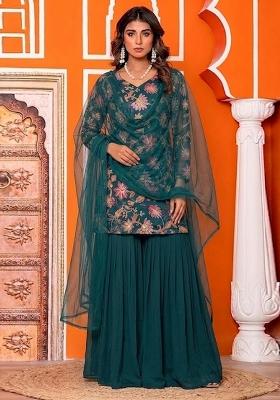 Green Sequin Organza Sharara Set