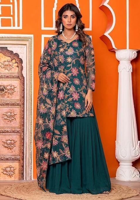 Green Sequin Organza Sharara Set