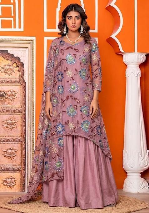 Mauve Sequin Organza Sharara Set