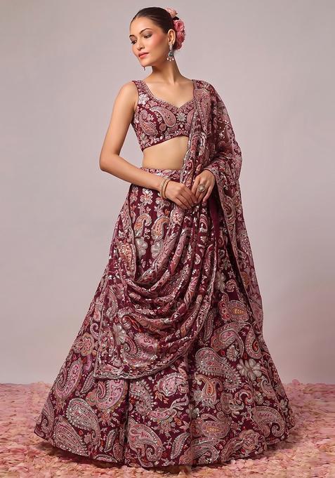 Wine Purple Printed Crepe Lehenga Set