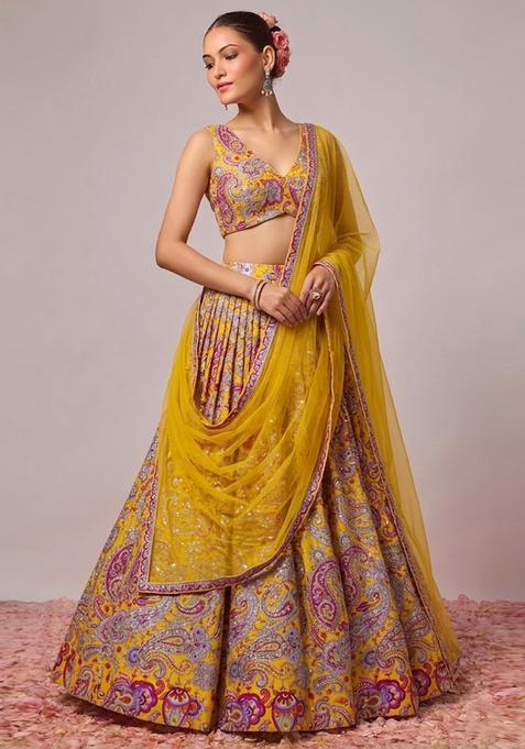 Yellow Printed Crepe Lehenga Set