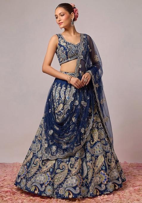 Blue Printed Crepe Lehenga Set