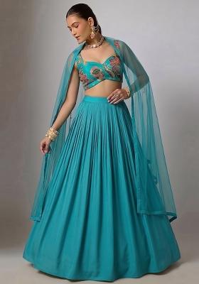 Turquoise Blue Printed Organza Lehenga Set