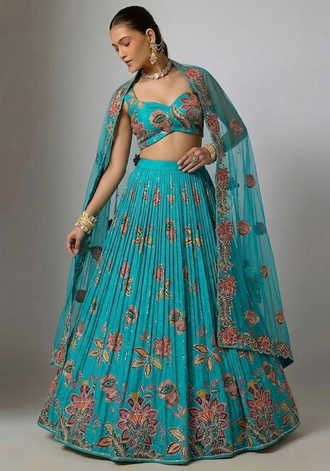 Turquoise Blue Printed Organza Lehenga Set