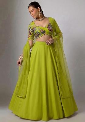Parrot Green Printed Organza Lehenga Set
