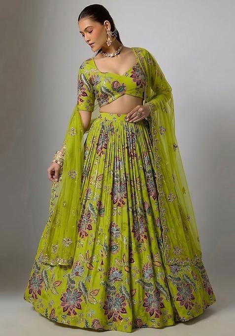 Parrot Green Printed Organza Lehenga Set