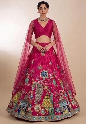Magenta Pink Printed Crepe Lehenga Set