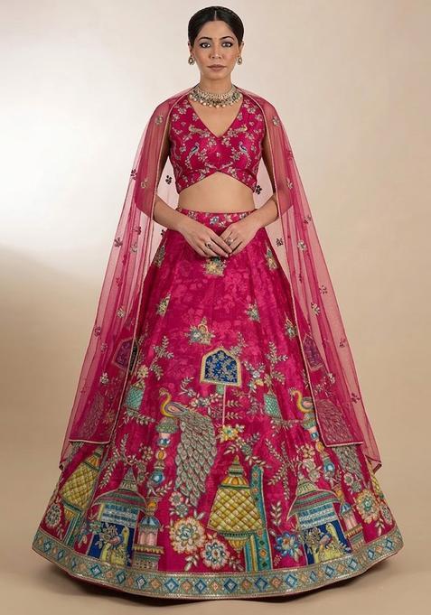 Magenta Pink Printed Crepe Lehenga Set