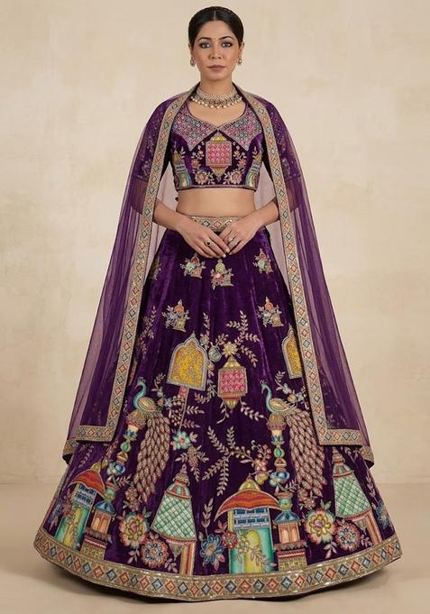 Royal Purple Printed Crepe Lehenga Set