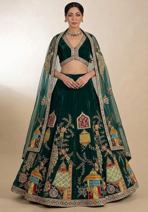 Forest Green Printed Crepe Lehenga Set