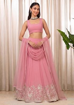 Pink Embroidered Chanderi Lehenga Set