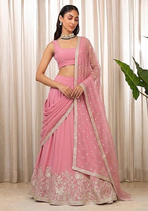 Pink Embroidered Chanderi Lehenga Set