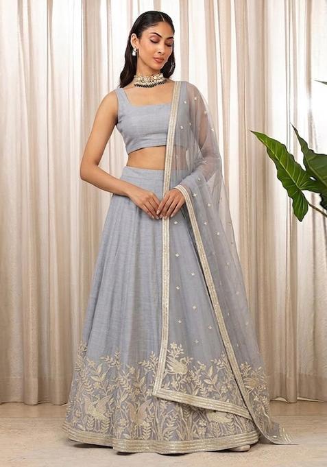 Grey Embroidered Chanderi Lehenga Set