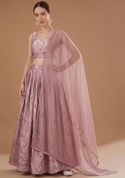 Dusty Mauve Pink Embroidered Silk Lehenga Set