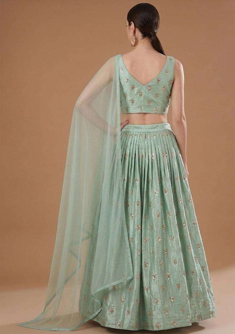 Mint Green Embroidered Silk Blend Lehenga Set - Indya