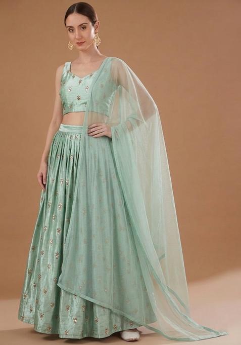 Mint Green Embroidered Silk Lehenga Set
