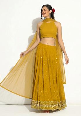 Olive Green Sequin Net Lehenga Set