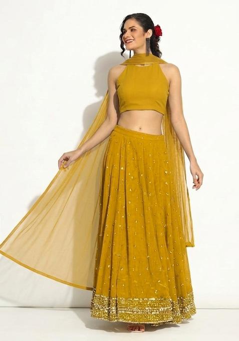 Olive Green Sequin Net Lehenga Set